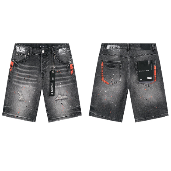 Black Washed Denim Shorts with Orange Paint Splatter and Knee Distressing